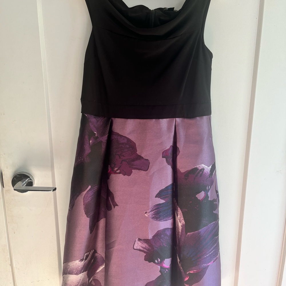 Le Chateau Black and Purple Midi Dress